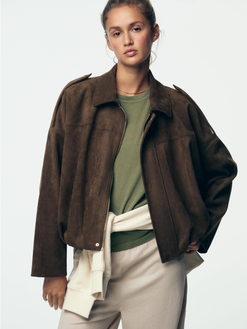 Zara Viral Chocolate Brown Suede Effect Bomber Jacket Zip Collared Size M - Picture 2 of 2